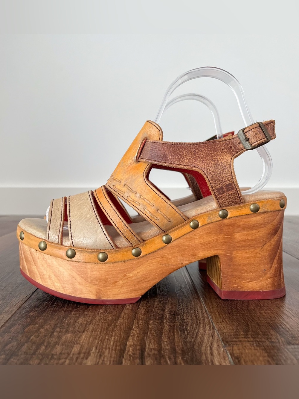 Bed Stu Falabella Leather Platform Sandal Wood Block Heel Studded Size 8.5 Multi